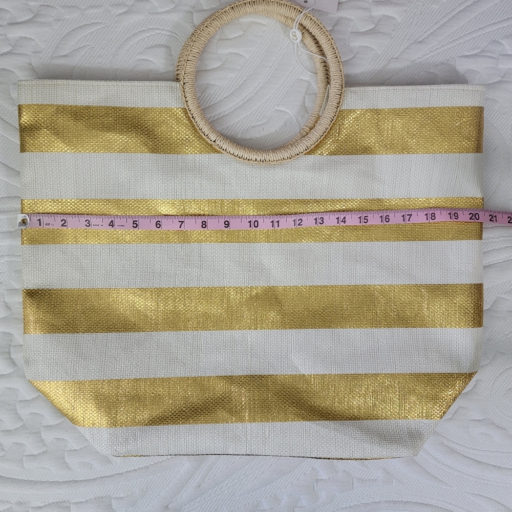 NWT Shiraleah Chicago Gold White Striped Handled Lightweight Marta Tote - Picture 7 of 8